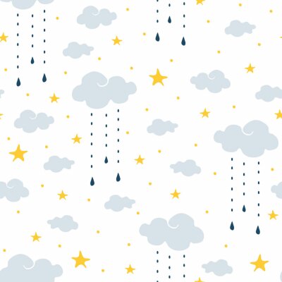 Papier peint à motif  Seamless vector pattern with clouds, rain and stars on white background. Gentle night sky children wallpaper design. Ideal for fabric, baby clothes, children room decoration.