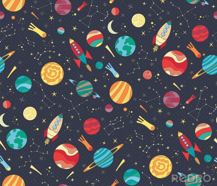 Papier peint à motif  Seamless vector pattern with colorful hand drawn spaceships, planets and stars. Astronomy themed pattern for wallpaper, textiles, kids prints. Schools and science design.