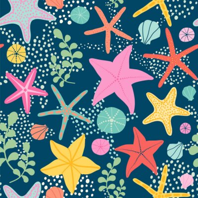 Seamless vector pattern with starfish on the dark background. 