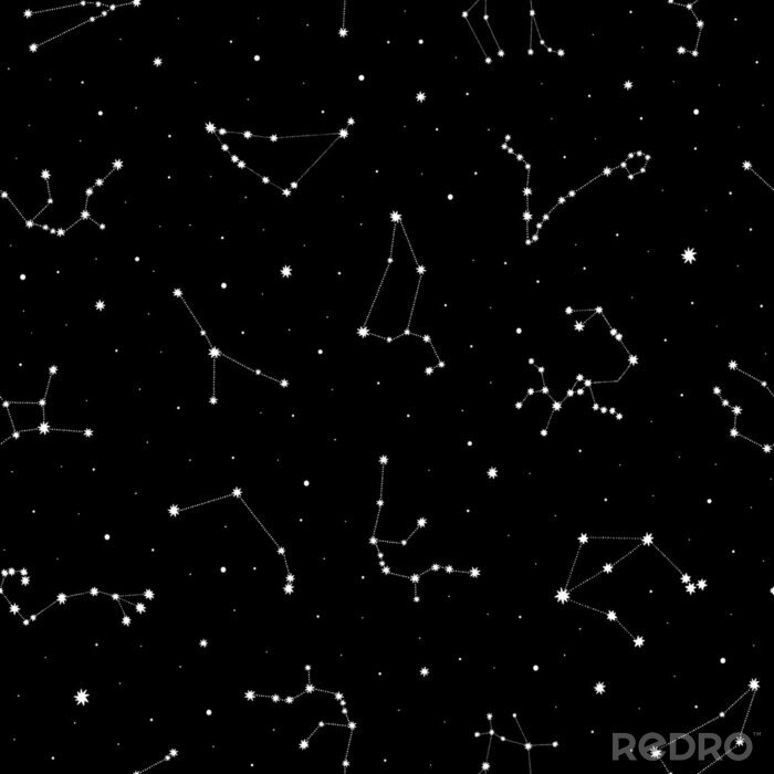 Papier peint à motif  Seamless vector pattern with white zodiacal constellations on black background. Zodiac signs. Space background.