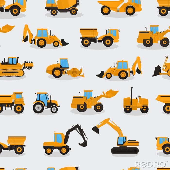 Papier peint à motif  Seamless vector pattern with work machines and equipment on a light background.