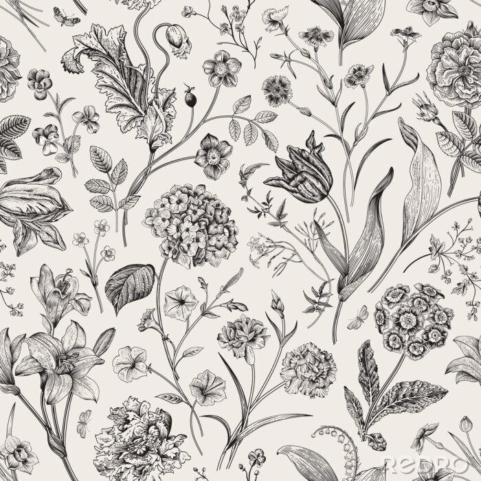Papier peint à motif  Seamless vector vintage floral pattern. Classic illustration. Black and white..