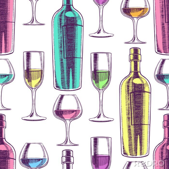 Papier peint à motif  Seamless, vin, bouteilles, lunettes