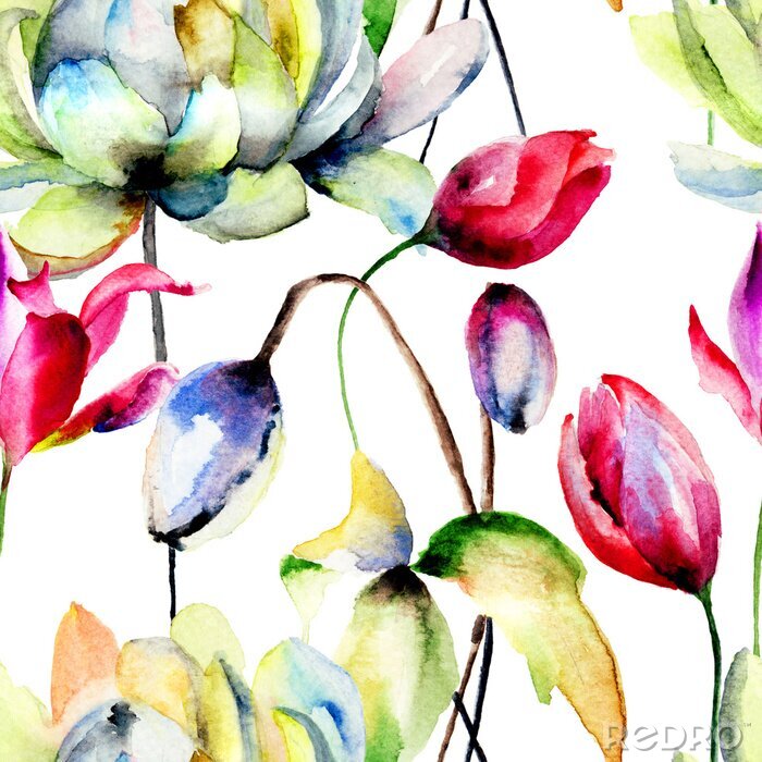 Papier peint à motif  Seamless wallpaper avec des fleurs d'été