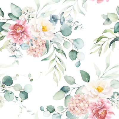 Papier peint à motif  Seamless watercolor floral pattern with pink & peach cream flowers, leaves composition on white background, perfect for wrappers, wallpapers, postcards, greeting cards, wedding invitations, events.