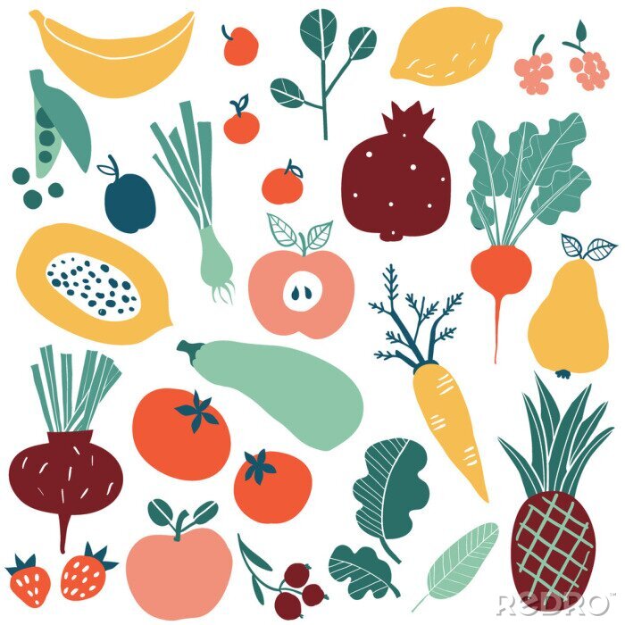 Papier peint à motif  Sertie de fruits et légumes griffonnés colorés dessinés à la main. Esquisse style grande collection de vecteurs. Set d'icônes plates: baies, concombre, carotte, oignon, tomate, pomme, ananas, citron.