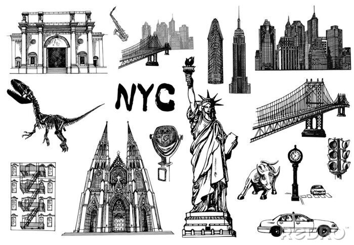 Papier peint à motif  Set of hand drawn sketch style New York themed isolated objects. Vector illustration.