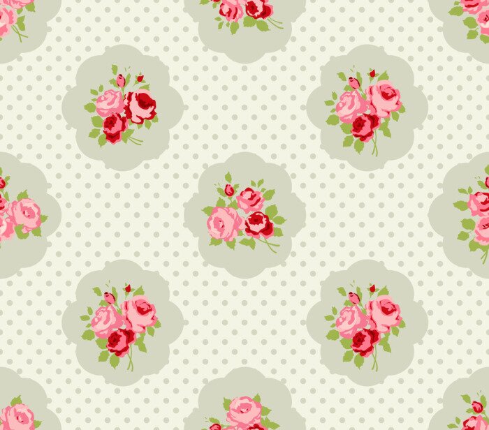 Papier peint à motif  Shabby chic à fleurs roses et pois gris