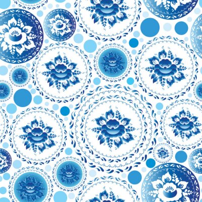 Papier peint à motif  Shabby chic avec des fleurs dans les tons de bleu