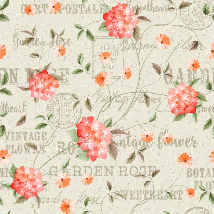 Papier peint à motif  Shabby chic avec des fleurs et des lettres