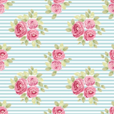 Shabby chic roses bandes bleues
