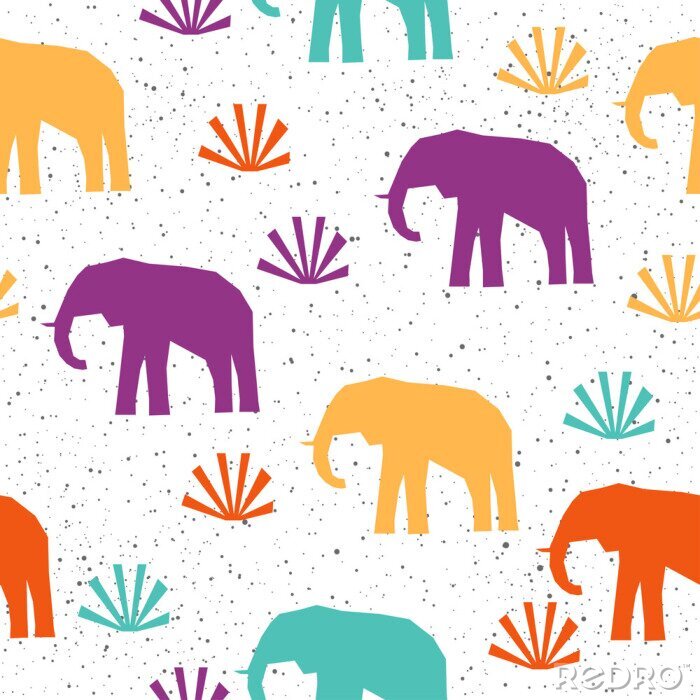 Papier peint à motif  Silhouettes colorées d'éléphants et de plantes