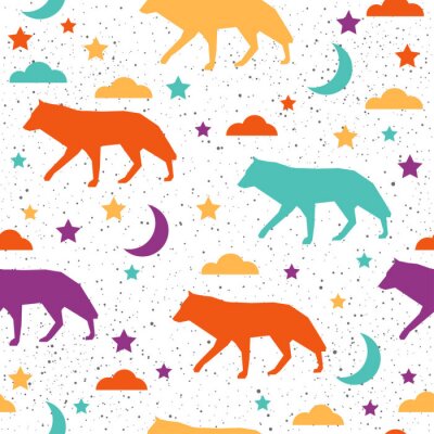 Papier peint à motif  Silhouettes colorées de loups avec des étoiles et des nuages