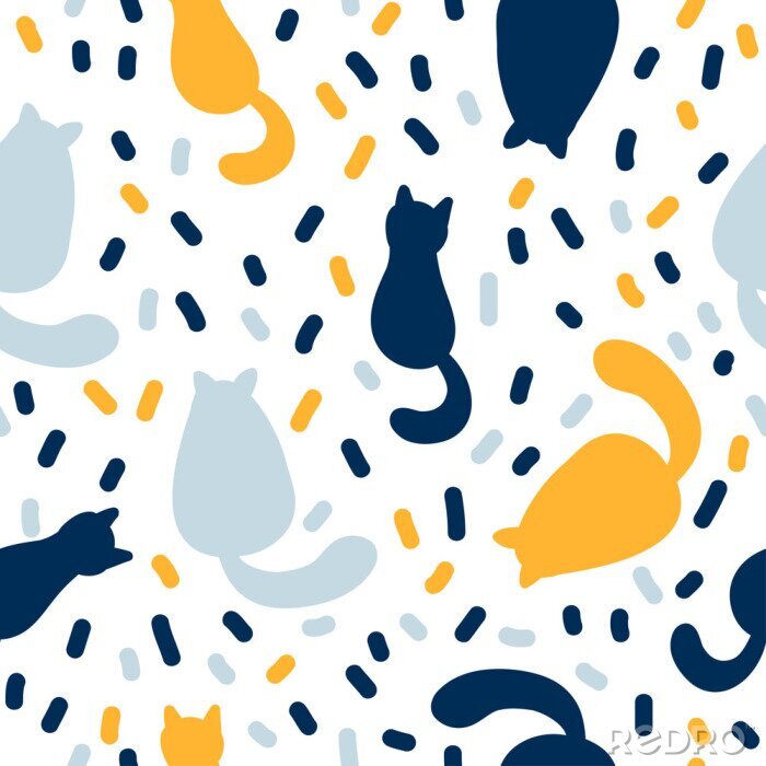 Papier peint à motif  Silhouettes de chats bleus et jaunes
