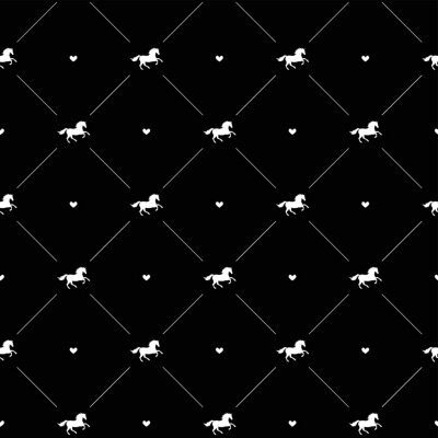 Papier peint à motif  Silhouettes de chevaux et de coeurs sur fond noir
