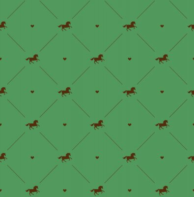 Papier peint à motif  Silhouettes de chevaux et de coeurs sur fond vert