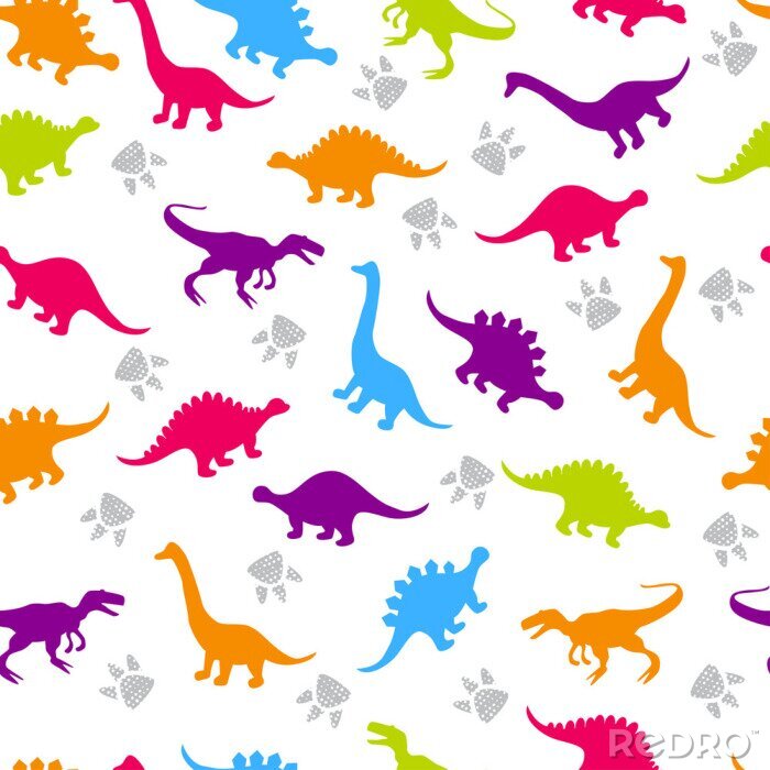 Papier peint à motif  Silhouettes de dinosaures en couleurs