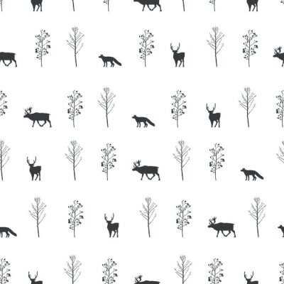 Papier peint à motif  Silhouettes de renards, de chevreuils et de cerfs sur fond blanc