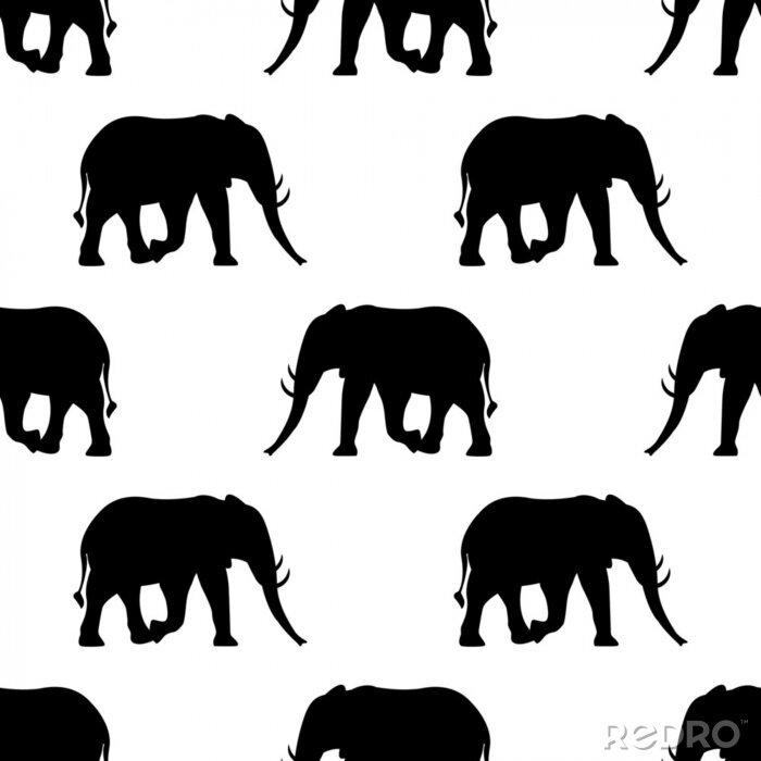 Papier peint à motif  Silhouettes noires d'éléphants sur fond blanc