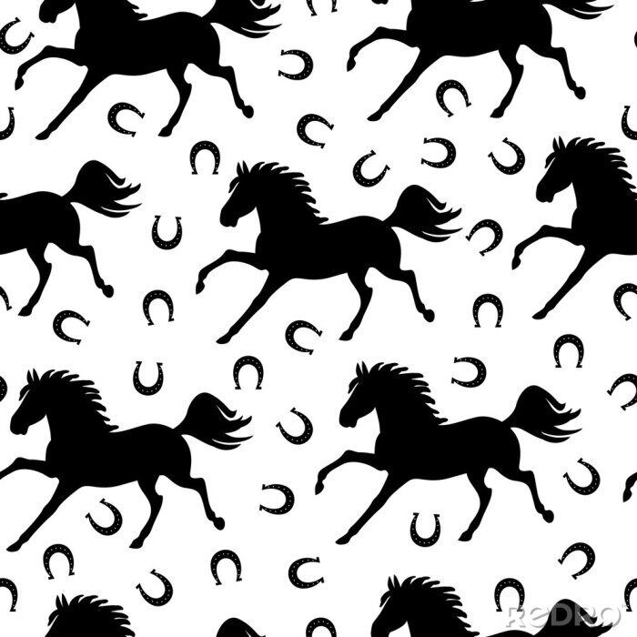 Papier peint à motif  Silhouettes noires de chevaux et de fers à cheval sur fond blanc