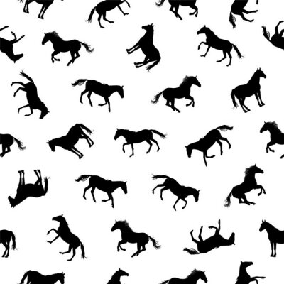 Papier peint à motif  Silhouettes noires de chevaux sur fond blanc