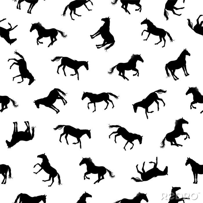 Papier peint à motif  Silhouettes noires de chevaux sur fond blanc