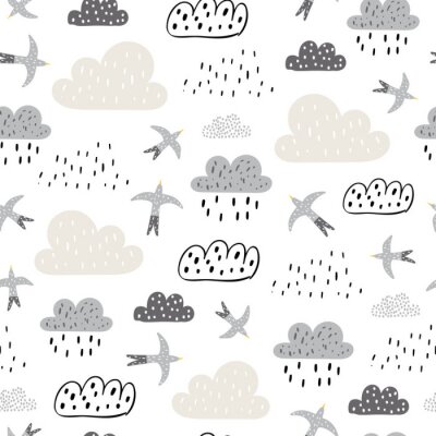 Papier peint à motif  Simple seamless pattern with raining clouds and flying birds. Baby shower clouds, sky seamless pattern texture. - Vector