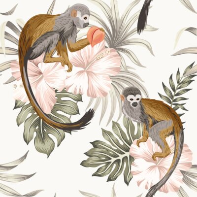 Papier peint à motif  Singes assis sur des fleurs tropicales
