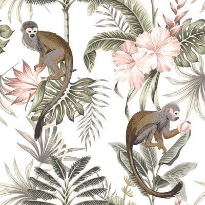 Papier peint à motif  Singes mignons parmi les plantes tropicales
