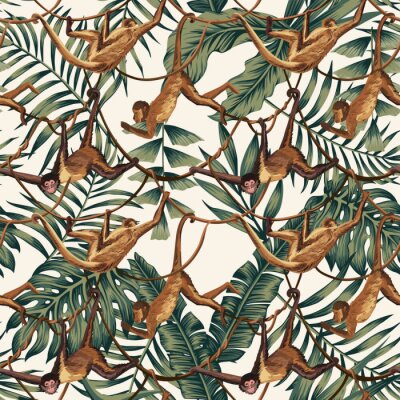 Papier peint à motif  Singes sur des lianes sur un fond de feuillage tropical