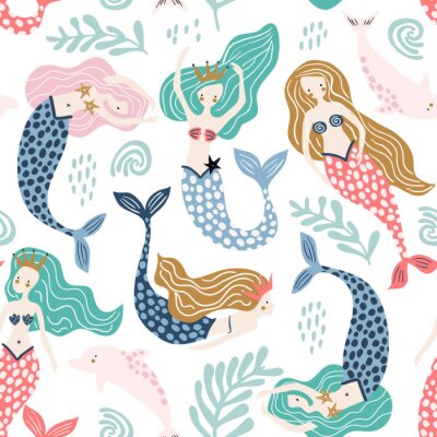Papier peint à motif  Sirènes colorées avec des dauphins