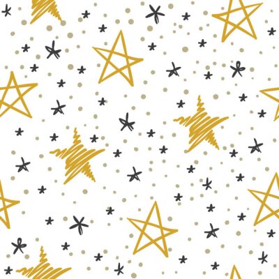 Papier peint à motif  Sketch star seamless pattern. Starry sky with golden and black stars. Christmas and winter holidays vector doodle texture