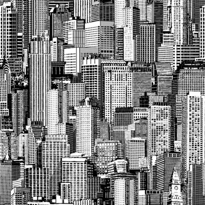 Papier peint à motif  Skyscraper City Seamless Pattern (grand) est dessin à la main de différents immeubles de grande hauteur comme Manhattan en projection isométrique. Texture transparente à haute résolution