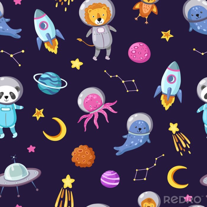 Papier peint à motif  Space animals pattern. Cute baby animal astronauts flying kid pets cosmonauts funny spaceman boy seamless cosmos vector wallpaper. Illustration of astronaut spaceship, octopus and panda in space suit
