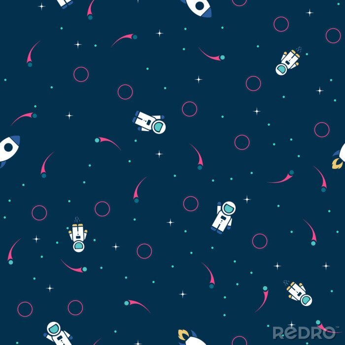 Papier peint à motif  Space exploration seamless pattern vector background. Cute hipster retro style design template with Astronaut, Rocket and Stars
