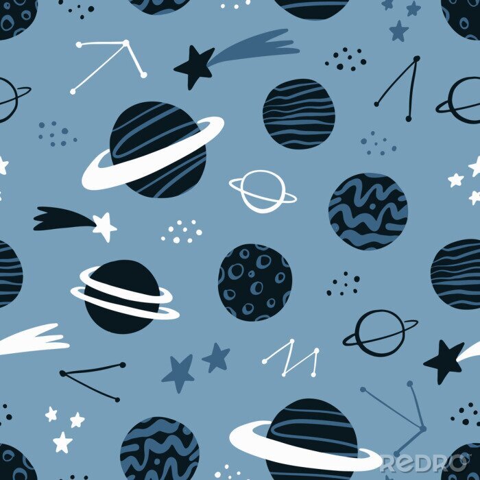 Papier peint à motif  Space hand drawn seamless pattern with planets, stars, comets,  constellations. Scandinavian design style. Space background for textile, fabric etc. Vector illustration