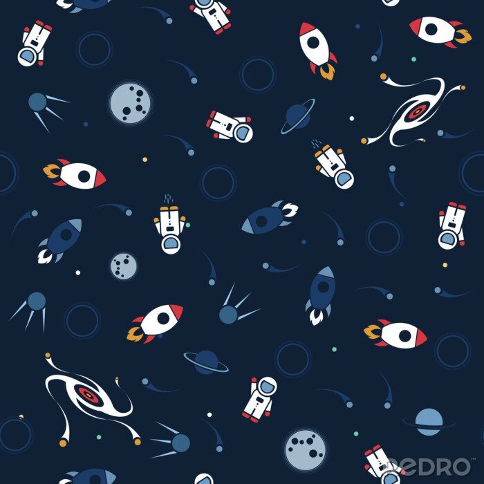 Papier peint à motif  Space seamless pattern vector background. Cute design template with Astronaut, Spaceship, Rocket, Moon, Black Hole and Stars