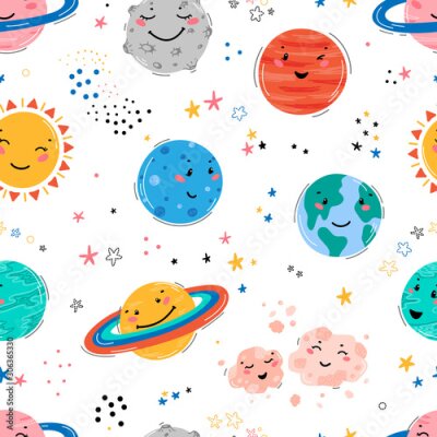Papier peint à motif  Space Seamless Pattern with Planets Solar System, Sun, Meteorite and Stars. Doodle Cartoon Cute Planet Smiling Face. Space Vector Background for Kids t-shirt Print, Nursery Design, Birthday Party