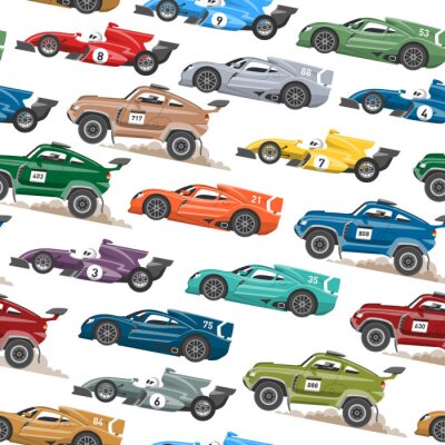 Papier peint à motif  Sport vitesse automobile et offroad voiture de rallye coloré voiture de course rapide pilote automatique transport motorsport vector illustration sans soudure de fond