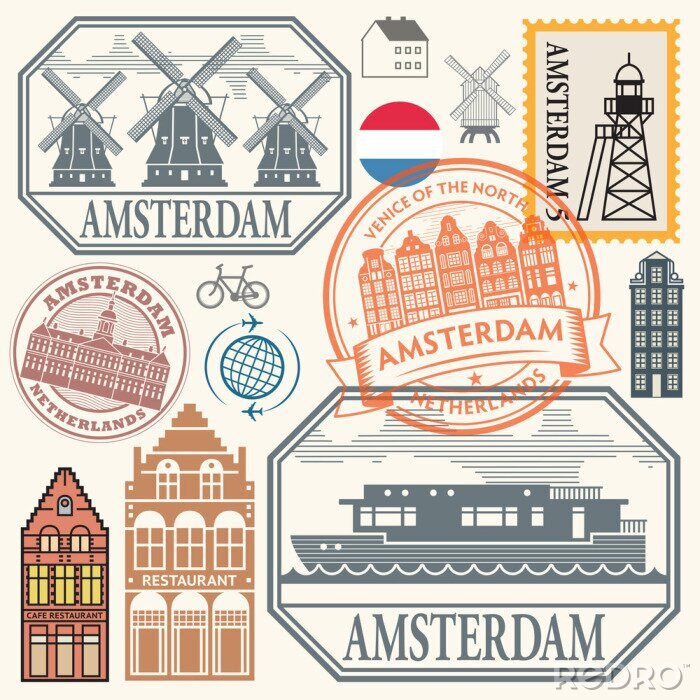 Papier peint à motif  Stamps or symbols set with words Amsterdam, Netherlands