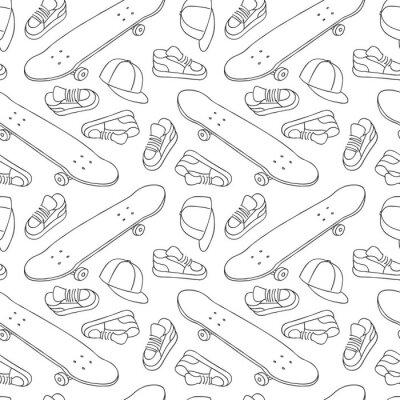 Papier peint à motif  Street Skateboarding motif sans couture en noir et blanc. Texture répétitive avec des planches à roulettes dessinées par la main, des espadrilles et des casquettes. Vecteur, style de vie, fond