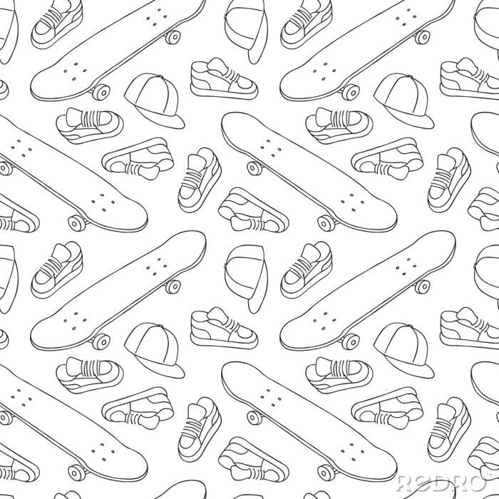 Papier peint à motif  Street Skateboarding motif sans couture en noir et blanc. Texture répétitive avec des planches à roulettes dessinées par la main, des espadrilles et des casquettes. Vecteur, style de vie, fond