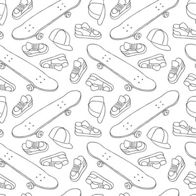 Papier peint à motif  Street Skateboarding motif sans couture en noir et blanc. Texture répétitive avec des planches à roulettes dessinées par la main, des espadrilles et des casquettes. Vecteur, style de vie, fond