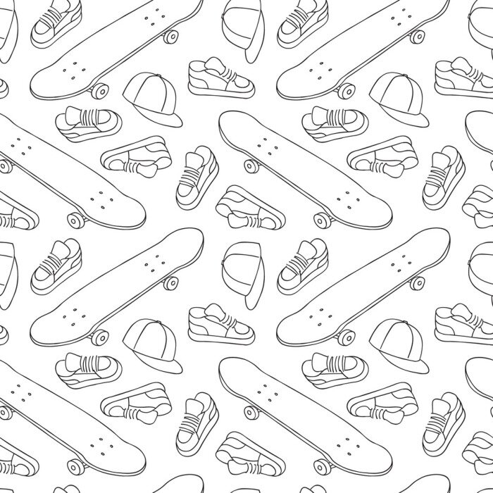 Papier peint à motif  Street Skateboarding motif sans couture en noir et blanc. Texture répétitive avec des planches à roulettes dessinées par la main, des espadrilles et des casquettes. Vecteur, style de vie, fond