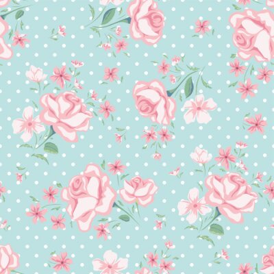 Papier peint à motif  Style minable avec des fleurs roses sur fond turquoise