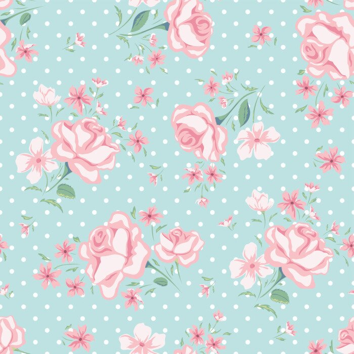 Papier peint à motif  Style minable avec des fleurs roses sur fond turquoise