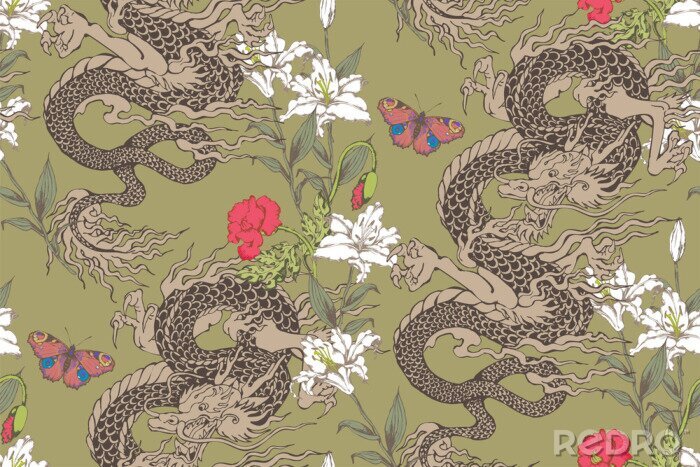 Papier peint à motif  Style oriental avec dragons et fleurs asiatiques