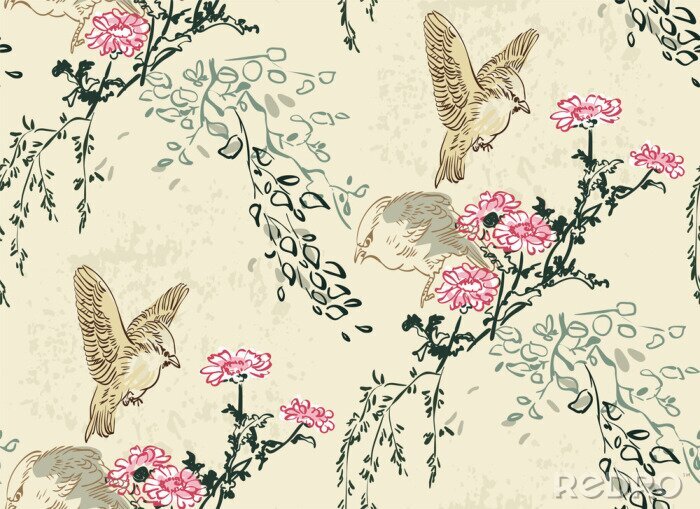 Papier peint à motif  Style oriental avec nature japonaise