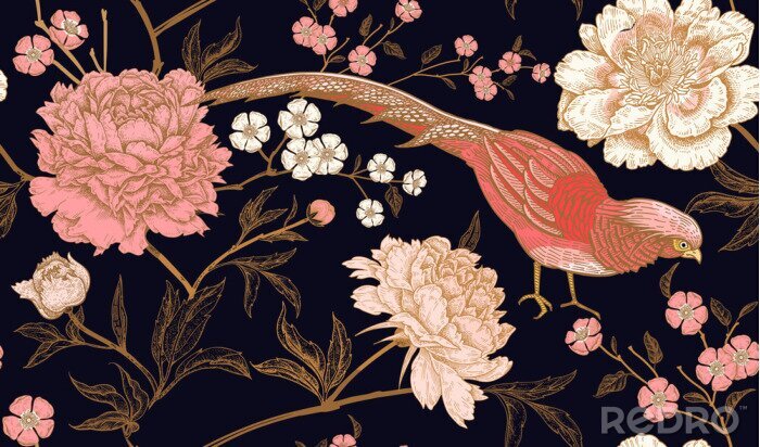 Papier peint à motif  Style oriental japonais avec oiseaux et fleurs