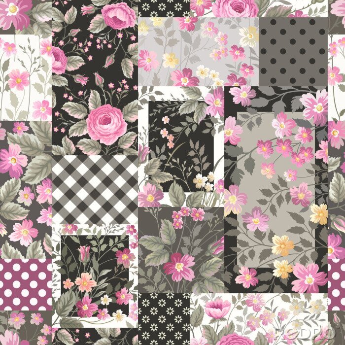 Papier peint à motif  Style patchwork de roses et autres fleurs